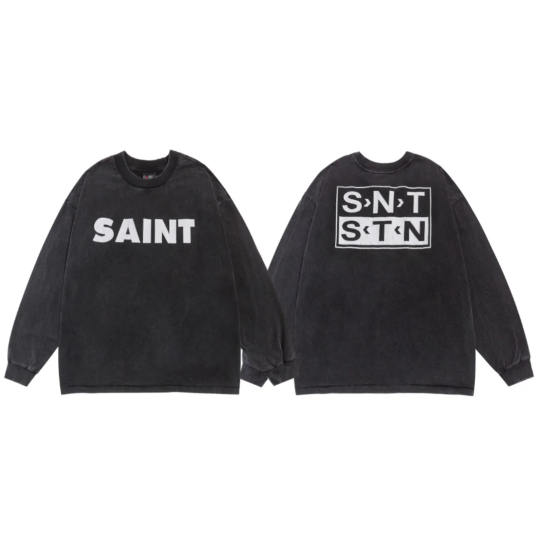 Saint Michael SNT letter slogan printed vintage distressed washed loose long-sleeved T-shirt Fabric: 260g Style number: SM01 Size: S-M-L-XL Color: Black Price: P156